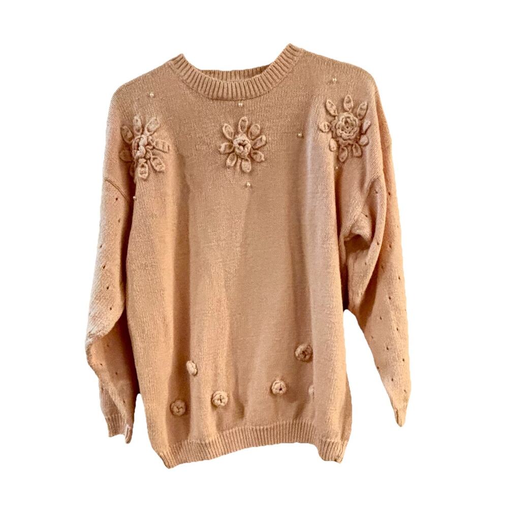 Vintage Ashleigh Morgan Sweater Sz 18W Peach Crochet FlowerPearl Accents Preppy